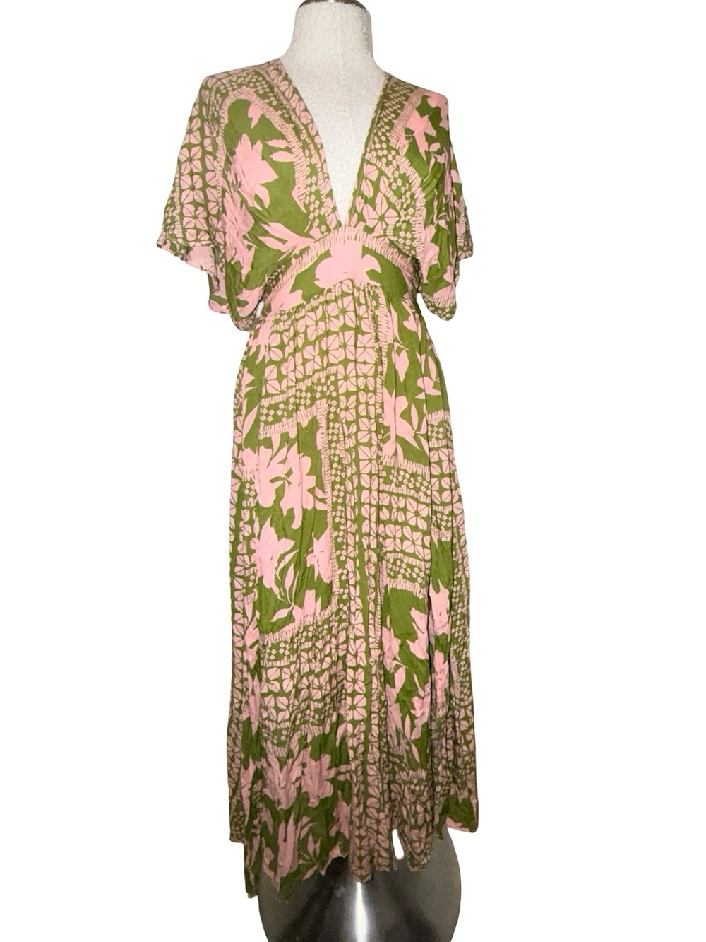 Vici Green & Pink Floral rayon V-Neck Maxi Dress S